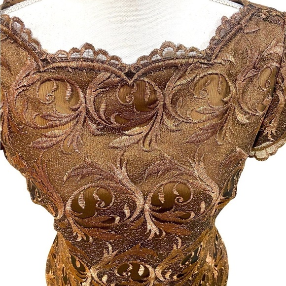 Rimini by Shaw bronze metallic embroidered short sleeve dress scalloped hems 8 - Picture 4 of 12
